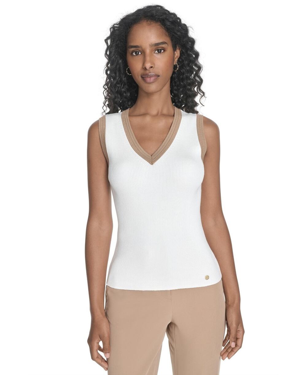 Tommy Hilfiger Women's Sleeveless Tipped Sweater Ivory Size L 3722